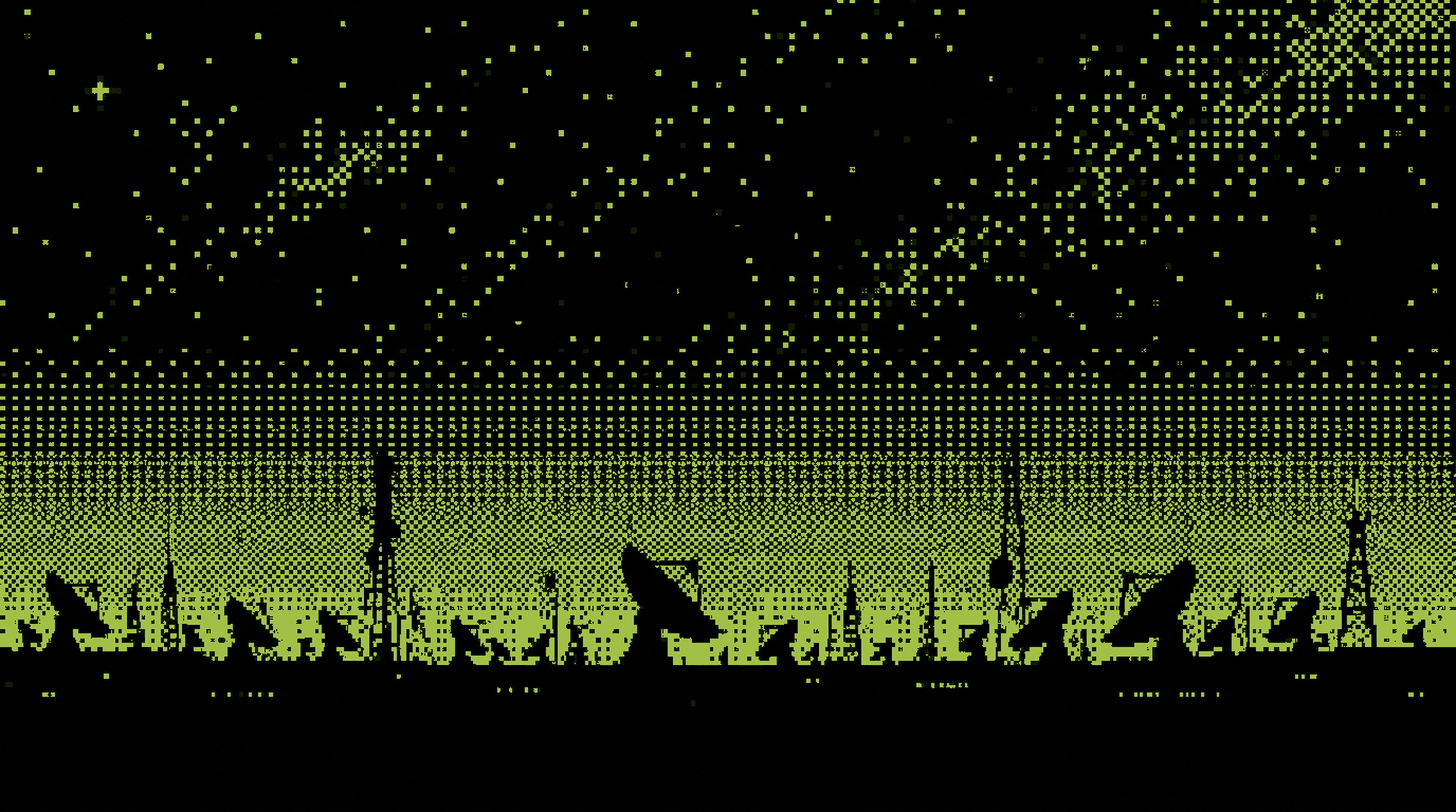 A horizon of antenna masts and satellite dishes, drawn as lime dots on black.