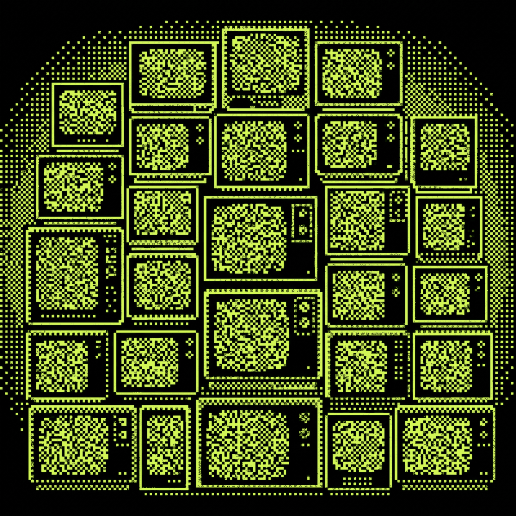 A wall of small CRT screens showing static, drawn as lime dots on black.
